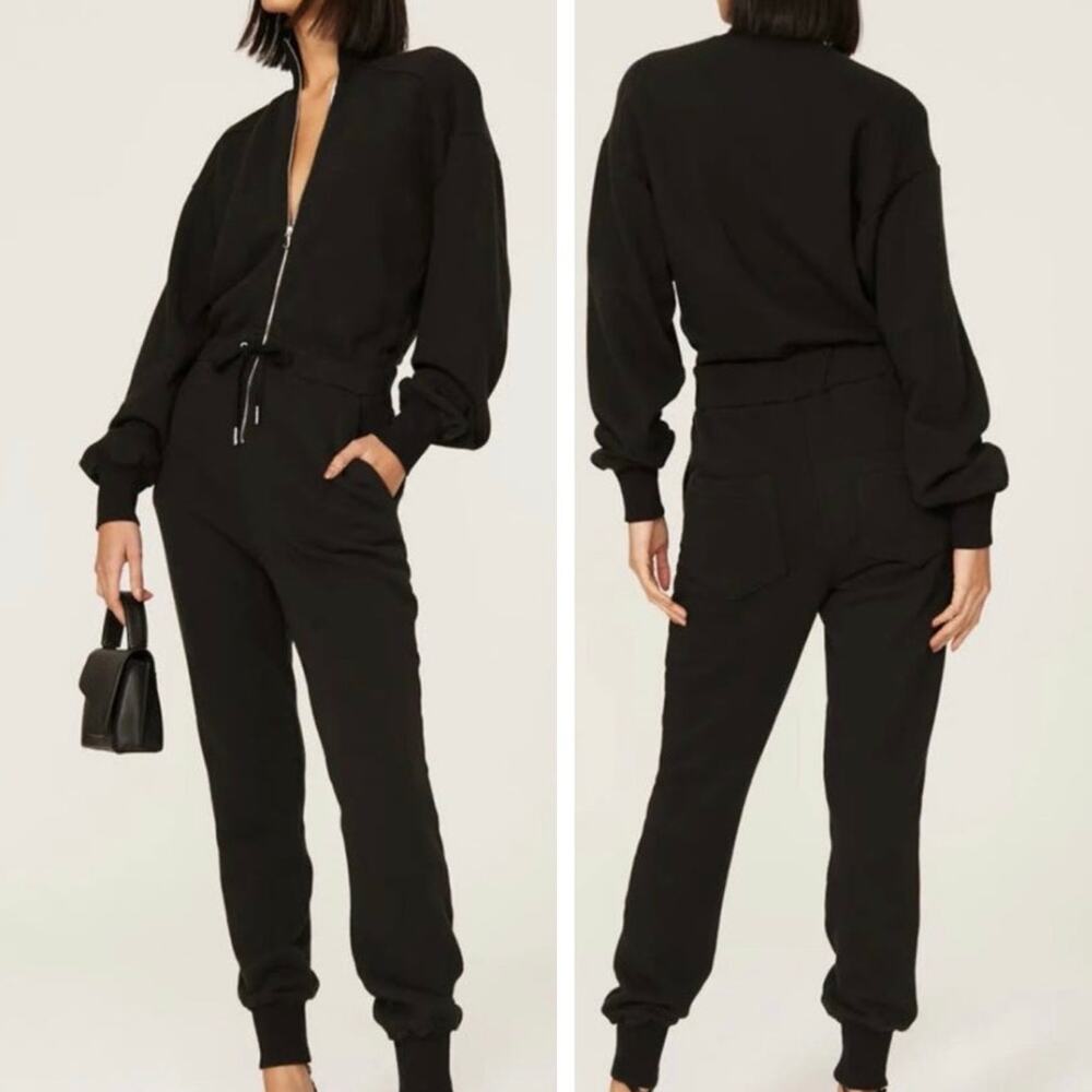 Marissa Webb Red Eye French Terry Jumpsuit XS Black Cotton Casual Half Zip Ankle